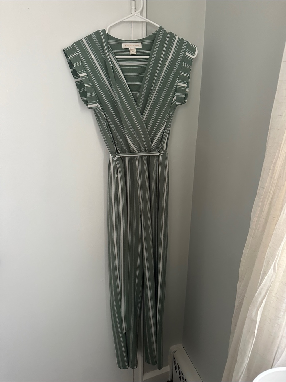 Sage and White Striped Wrap Jumpsuit
